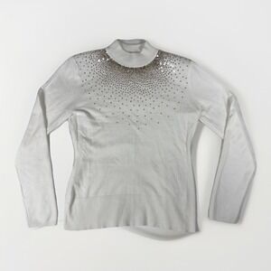Belldini‎ Sweater Womens Medium White Rayon Knitted Sequin Embellished Mock Neck